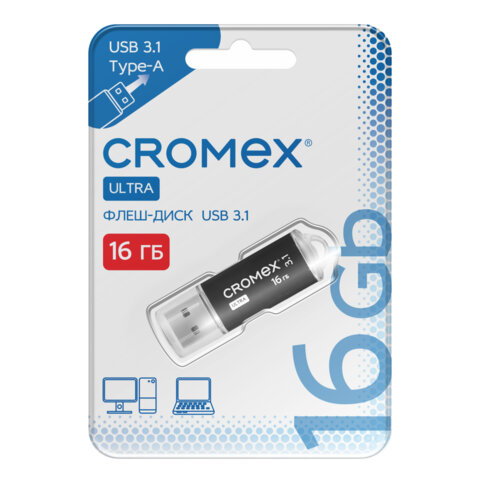 Флеш-диск 16 GB, CROMEX (КРОМЕКС) Ultra USB 3.1, металлический корпус, черный, 514162