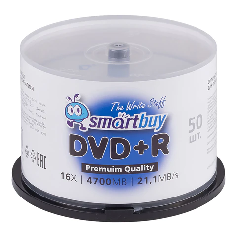 Диски DVD+R (плюс) SMARTBUY, 4,7 Гб, 16x, Cake Box (упаковка на шпиле), КОМПЛЕКТ 50 шт., SBDVPR50