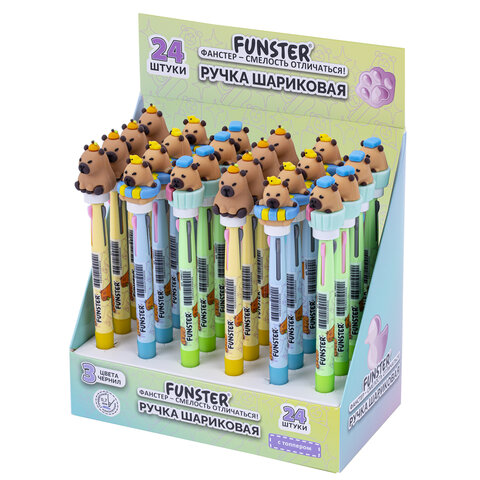 Ручка-спиннер многоцветная с топпером FUNSTER (ФАНСТЕР) "COOL CAPY", 3 ЦВЕТА, ассорти, пишущий узел 0,7 мм, линия письма 0,35 мм, 144517