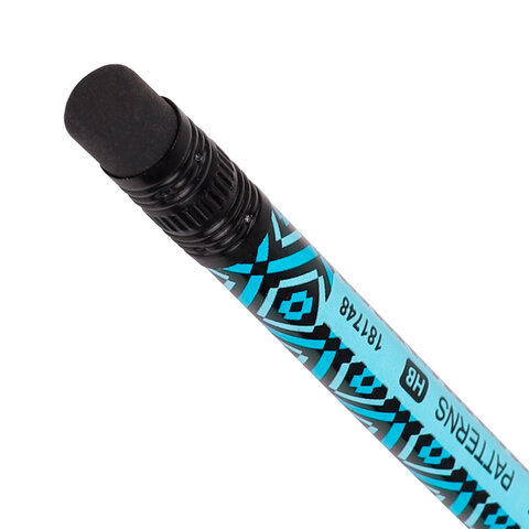 Карандаш чернографитный BRAUBERG "PATTERNS", 1 шт., HB, с ластиком, корпус ассорти, 181748