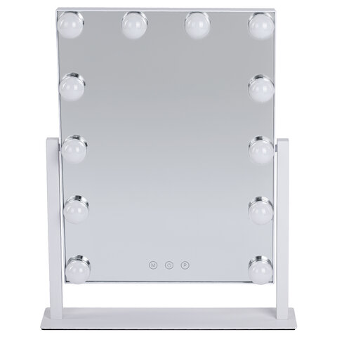 Зеркало для макияжа гримерное с подсветкой, 12 LED-ламп, 3 режима свечения, размер 29х38 см, работа от сети 220V, цвет белый, BRABIX, 609336