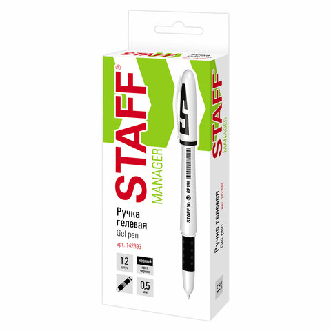 Ручка гелевая с грипом STAFF "Manager" GP-196, ЧЕРНАЯ, корпус белый, игольчатый узел 0,5 мм, линия письма 0,35 мм, 142393