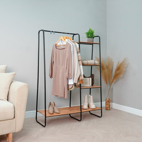 Вешалка-стеллаж "Скандинавия-1", 1470х1100х385 мм, 5 полок, металл/ЛДСП, черная/дуб, ГСС1 Ч