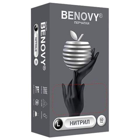 Перчатки нитриловые смотровые 50 пар (100 штук), размер 8-9, L (большой), черные, BENOVY Nitrile Chlorinated, М