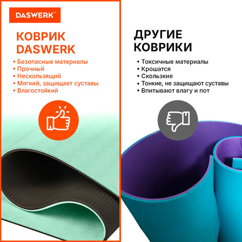 Коврик для йоги и фитнеса спортивный двухцветный, ТПЭ, 183x61x0,6 см, светло-зеленый/чёрный, DASWERK (ДАСВЕРК), 680031