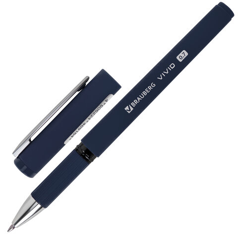 Ручка шариковая с грипом BRAUBERG "VIVID", СИНЯЯ, SOFT TOUCH покрытие, узел 0,7 мм, линия письма 0,35 мм, 144396