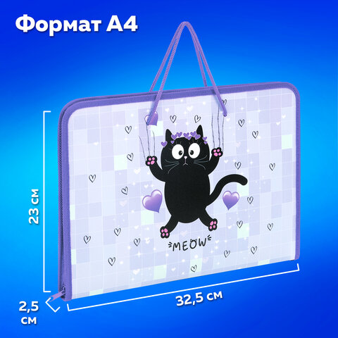 Папка для труда на молнии с ручками ПИФАГОР А4, 1 отделение, пластик, органайзер, "Падающий котик", 272226