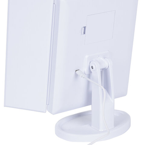 Зеркало настольное с LED-подсветкой для макияжа, размер 24х18 см, складное, увеличение х2, х3, х10, белое, BRABIX, 609337