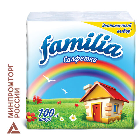 Салфетки бумажные 100 шт., 24x23 см, FAMILIA, белые, 100% целлюлоза, 5039302, 5080553