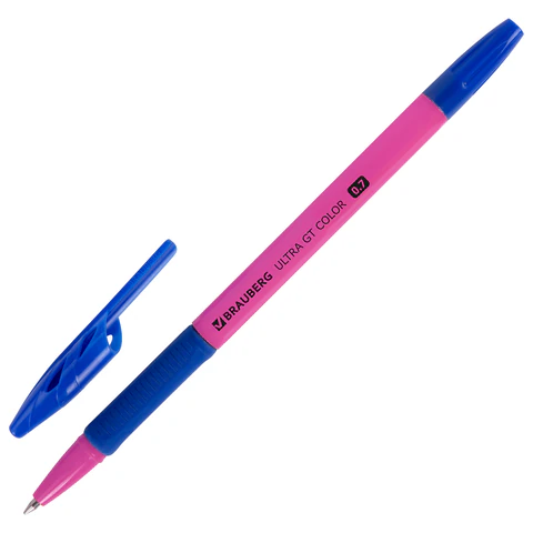 Ручка шариковая с грипом BRAUBERG "ULTRA GT COLOR", СИНЯЯ, корпус ассорти, линия 0,35 мм, 144055