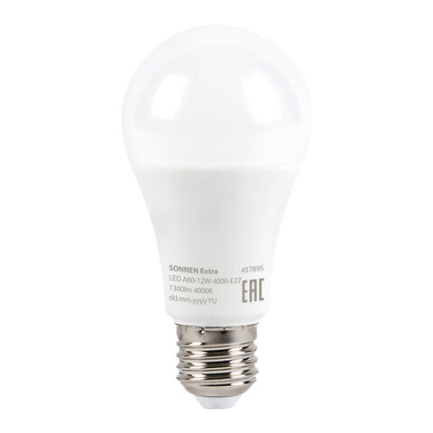 Лампа светодиодная SONNEN EXTRA, 12 (100) Вт, Е27, груша, нейтральный белый, 30000 ч, LED A60-12W-4000-Е27, 457895