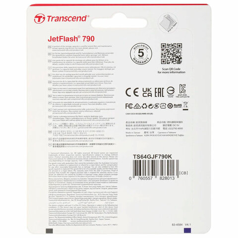 Флеш-диск 64 GB TRANSCEND JetFlash 790, USB 3.1, черный, TS64GJF790K