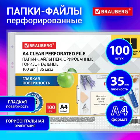 Папки-файлы перфорированные горизонтальной ориентации А4 BRAUBERG, КОМПЛЕКТ 100 шт., 35 мкм, 271829