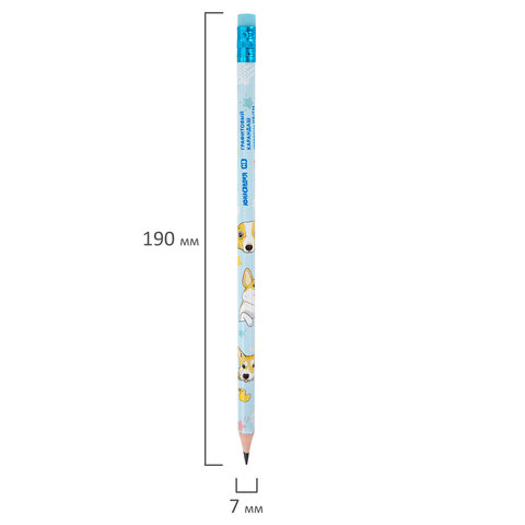 Карандаш чернографитный с принтом ЮНЛАНДИЯ КОРГИ, 1 шт., HB, с ластиком, корпус ассорти, 182009