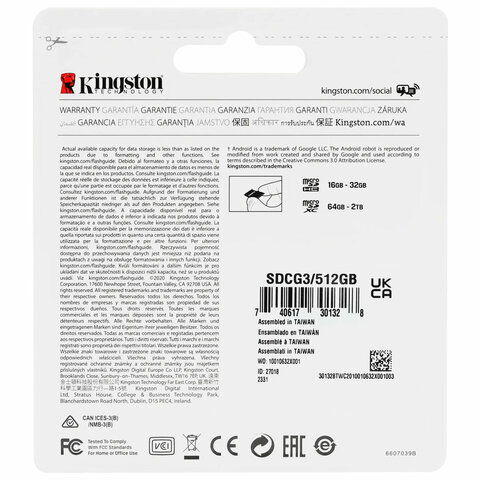 Карта памяти microSDXC 512 GB KINGSTON Canvas Go Plus, UHS-I U1, 170 Мб/с (class 10), с адаптером, SDCG3/512Gb