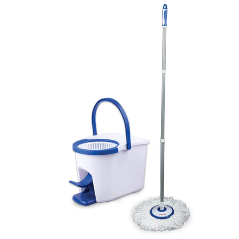 Швабра с отжимом и ведром 11л/7л, центрифуга, отжим педалью, круглая насадка липучка, бело-синий, LAIMA, 601459