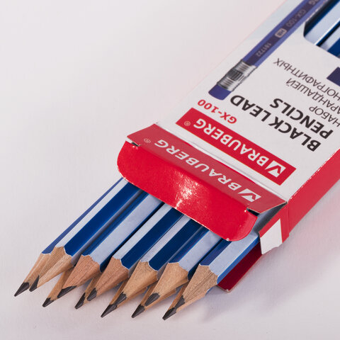 Набор карандашей чернографитных BRAUBERG "GX-100" 12 шт., HB, с ластиком, корпус синий, 181722