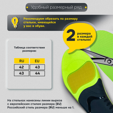 Стельки для кроссовок СПОРТИВНЫЕ КАРКАСНЫЕ, материал PU PRO SPORT, размер RU 42-43 / EU 43-44, с линиями выреза, SHEGRA (ШЕГРА), 700768
