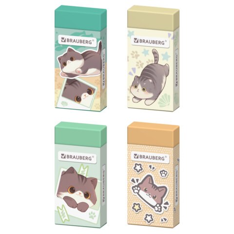 Ластик кросс-серия МИЛЫЕ КОТЫ, 50х24х10 мм, прямоугольный, картонный держатель, ассорти, ЭКО ПВХ, BRAUBERG, 273227