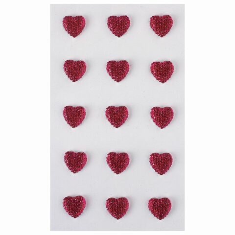 Стразы самоклеящиеся "СЕРДЦА", 12 мм, 15 штук, малиновые, на подложке, ОСТРОВ СОКРОВИЩ, 662234