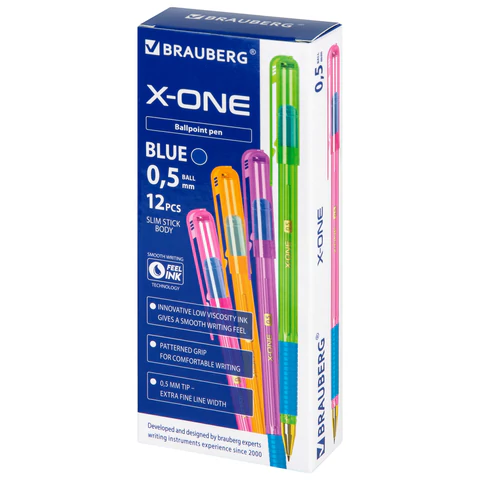Ручка шариковая с грипом BRAUBERG "X-ONE NEON", СИНЯЯ, корпус ассорти, узел 0,5 мм, линия письма 0,35 мм, 143987