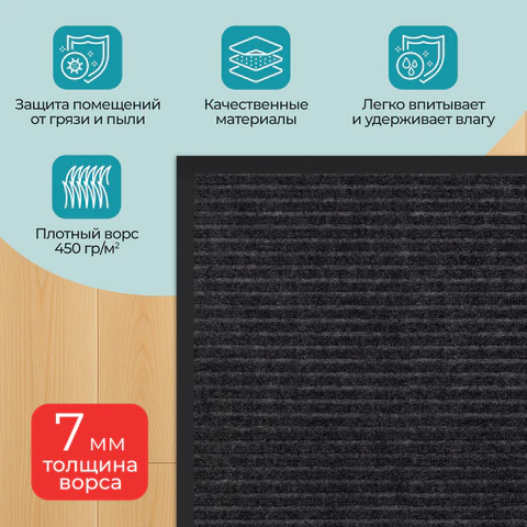 Коврик придверный 40х60 см, ЧЕРНЫЙ, влаго-грязезащитный, 450 г/м2, ребристый, PRIMILA (ПРИМИЛА) EXTRA, 701027