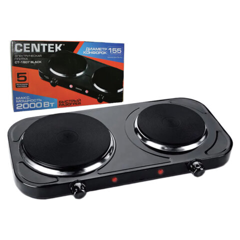 Настольная электрическая плита CENTEK CT-1507, 2000Вт, 2 конфорки, 5 режимов нагрева, черная, CT-1507 Black