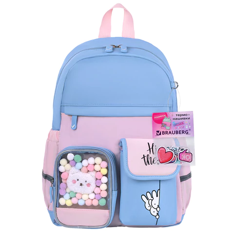 Рюкзак BRAUBERG PASTEL с термонашивками в комплекте, "Friendly bunnies", голубой, 40х29х14 см, 271423