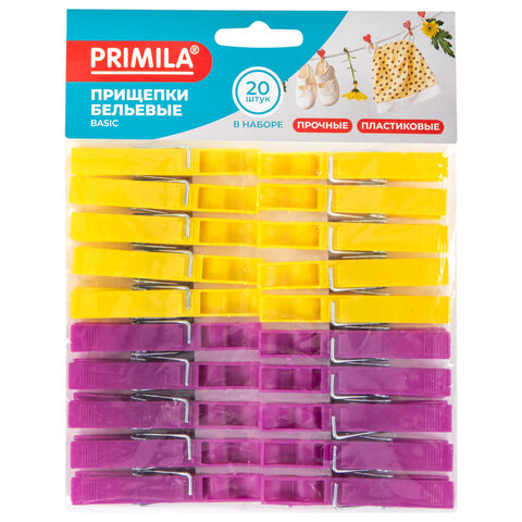 Прищепки бельевые 7 см, КОМПЛЕКТ 20 штук, пластик, ассорти, PRIMILA (ПРИМИЛА) BASIC, 700514