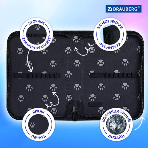 Пенал BRAUBERG, 1 отделение, полиэстер, 21х14 см, "Gray wolf", 273520