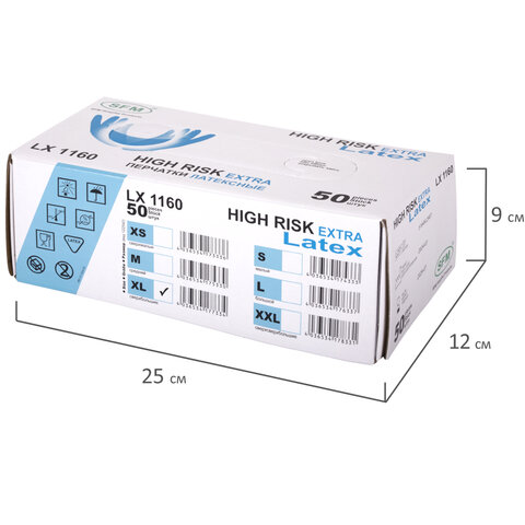 Перчатки латексные смотровые сверхпрочные SFM HIGH RISK LX 1160, Германия, 25 пар (50 штук), размер 9-10, XL (очень большой)