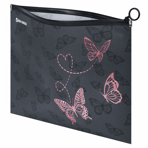 Папка для тетрадей BRAUBERG А4, 1 отделение, пластик, на zip-lock-молнии, "Neon butterflies", 272103