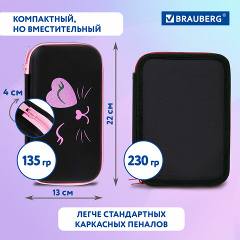 Пенал BRAUBERG SHINY, 1 отделение, 1 откидная планка, EVA, 22х13х4 см, "Smiling cat", 272338