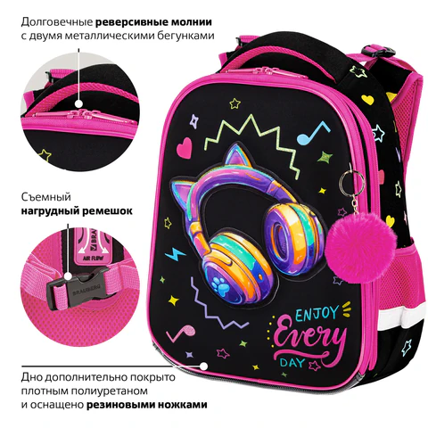 Ранец BRAUBERG PREMIUM, 2 отделения, с брелоком, "Headphones", велюровая нашивка, 38х29х16 см, 273100