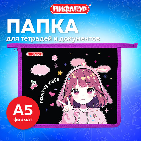 Папка для тетрадей ПИФАГОР А5, 1 отделение, пластик, на молнии, "Anime sign", 273328