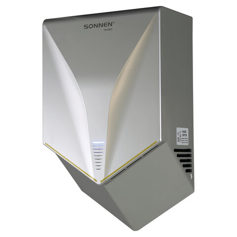 Сушилка для рук ВЫСОКОСКОРОСТНАЯ SONNEN HSD-A1011, 1000 Вт, 90 м/с, IPX4, пластик, серебристая, 701867