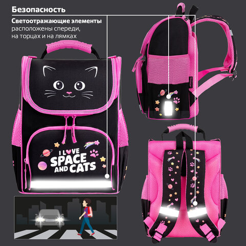 Ранец ПИФАГОР BASIC, 1 отделение, 3 кармана, эргономичная спинка, "Dark kitten", 35х28х18 см, 273134