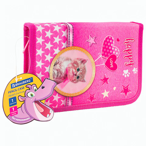 Пенал BRAUBERG, 1 отделение, 1 откидная планка, полиэстер, 21х14 см, "Happy kitten", 270308