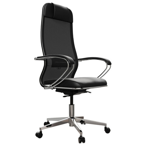 Кресло офисное МЕТТА "ErgoLife" Comfort, хром, сиденье мягкое, ткань-сетка/экокожа, черное