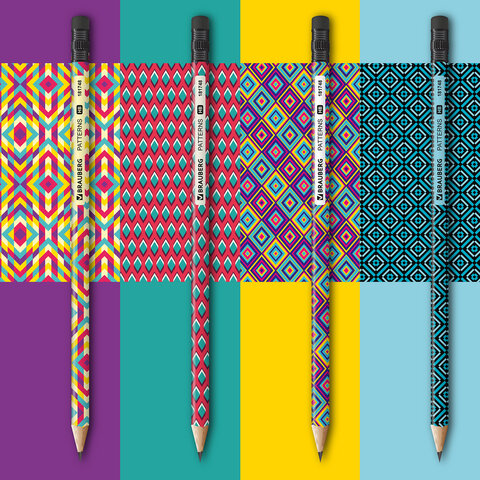 Карандаш чернографитный BRAUBERG "PATTERNS", 1 шт., HB, с ластиком, корпус ассорти, 181748