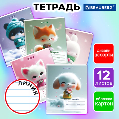 Тетрадь 12 л. BRAUBERG, линия, обложка картон, МИЛЫЕ ЗВЕРУШКИ, 107287