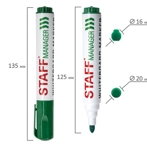 Маркер стираемый для белой доски ЗЕЛЕНЫЙ, STAFF "Manager" WBM-491, 5 мм, с клипом, 151494