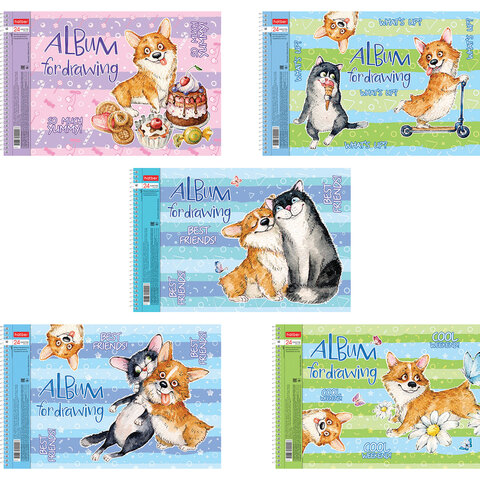 Альбом для рисования А4 24 л., спираль, обложка картон, HATBER, 205х290 мм, "Из жизни корги" (5 видов), 067335, 24А4Всп
