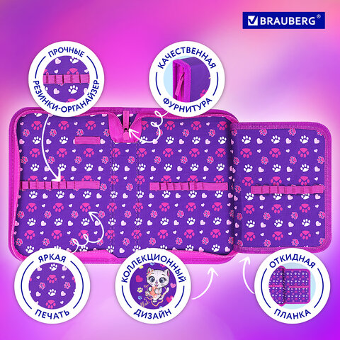 Пенал BRAUBERG, 1 отделение, 1 откидная планка, полиэстер, 21х14 см, "Playing kitty", 271521
