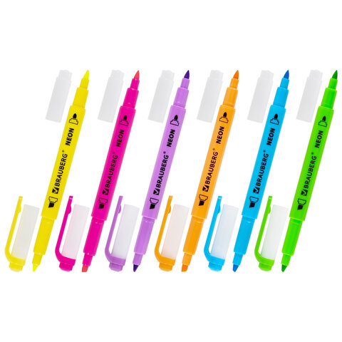 Набор текстовыделителей двусторонних 6 НЕОНОВЫХ ЦВЕТОВ, BRAUBERG "TWIN NEON", линия 1-5 мм, 152517