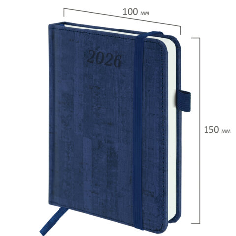 Ежедневник датированный 2026 МАЛЫЙ ФОРМАТ 100х150 мм, А6, BRAUBERG "Wood", под кожу, синий, 117264