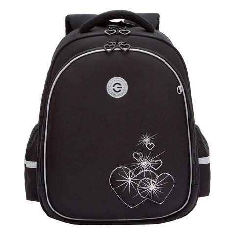 Ранец GRIZZLY анатомическая спинка, c брелоком, для девочек, "HEARTS", чёрный 36х28х20 см, RAz-586-5/1