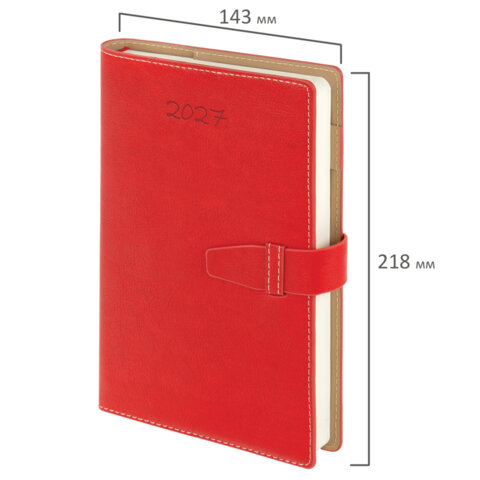 Ежедневник датированный 2027, А5, 143х218 мм, BRAUBERG "Journal", под кожу, ремешок, красный, 118050
