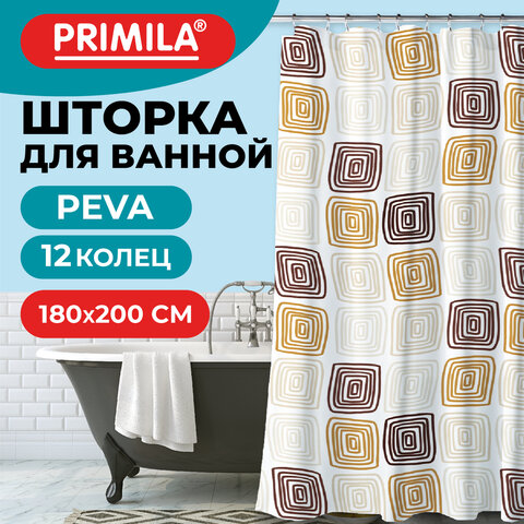 Шторка для ванной PEVA, 180х200 см, кольца в комплекте, 3 дизайна ассорти, ФИГУРЫ, PRIMILA (ПРИМИЛА), 700075