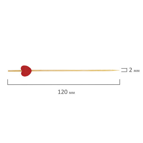 Пики для канапе бамбуковые "Сердце красное", 12 см, 100 шт., КП, 139419